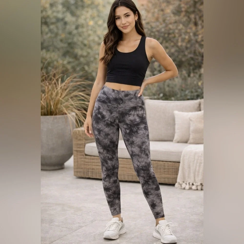 Rachel Zoe Tie Dye High Rise Leggings Size M Gray Black Athleisure - Picture 1 of 8